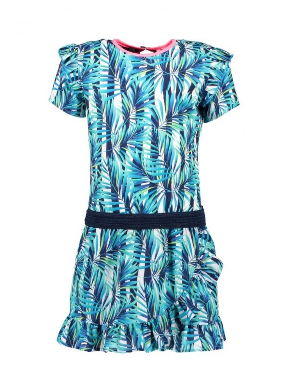 Girls' Tropical Leaf Print Casual Dress in Teal Blue